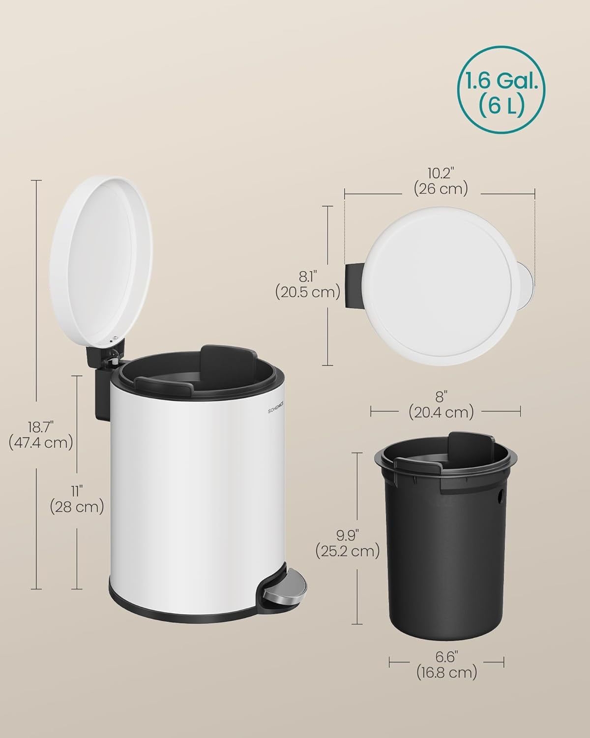 Bathroom Trash Can, 1.6 Gallon (6 L) Small Toilet Garbage Bin with Lid, Soft-Close, Stainless Steel, Pedal, Inner Bucket, Bedroom, Cloud White ULTB016WZ01