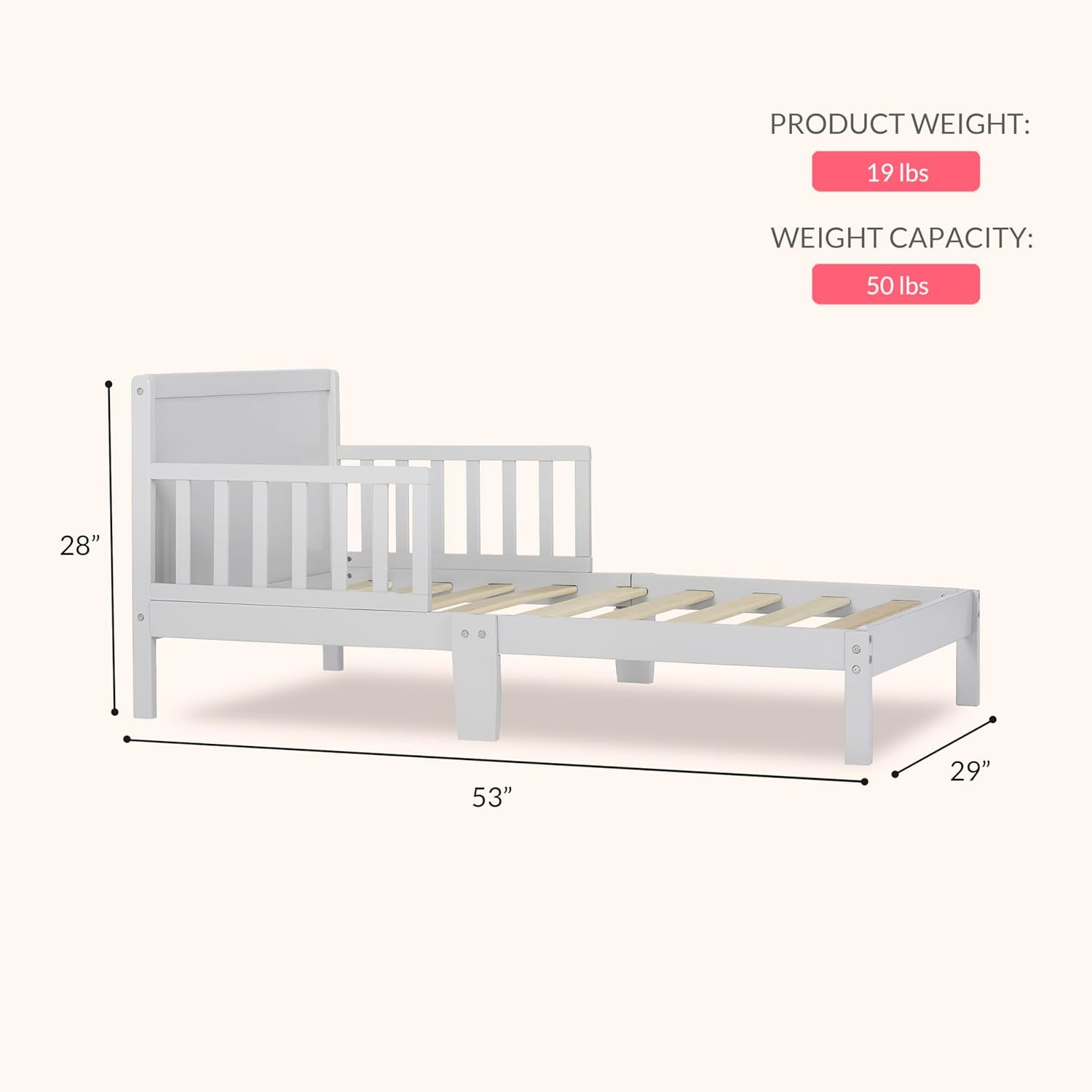 Brookside Wooden Toddler Bed in Pebble Grey, Greenguard Gold & JPMA Certified, Kids Bed with Safety Rails, Low-To-Floor Design, Non-Toxic Pinewood Finish