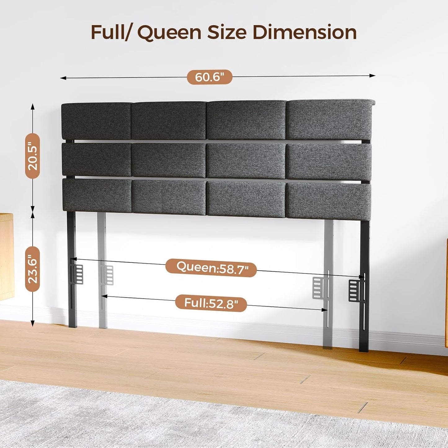 Full/Queen Size Upholstered Headboard, Adjustable Head Boards with LED Light & Charging Station, Bed Headboard Only, Attach Frame, Study & Comfortable, Ideal for Bedroom, Dorm, Guest Room, Dark Grey