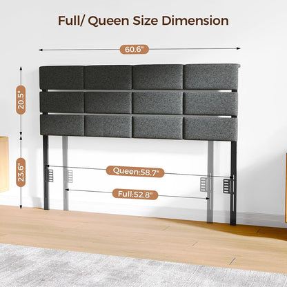 Full/Queen Size Upholstered Headboard, Adjustable Head Boards with LED Light & Charging Station, Bed Headboard Only, Attach Frame, Study & Comfortable, Ideal for Bedroom, Dorm, Guest Room, Dark Grey