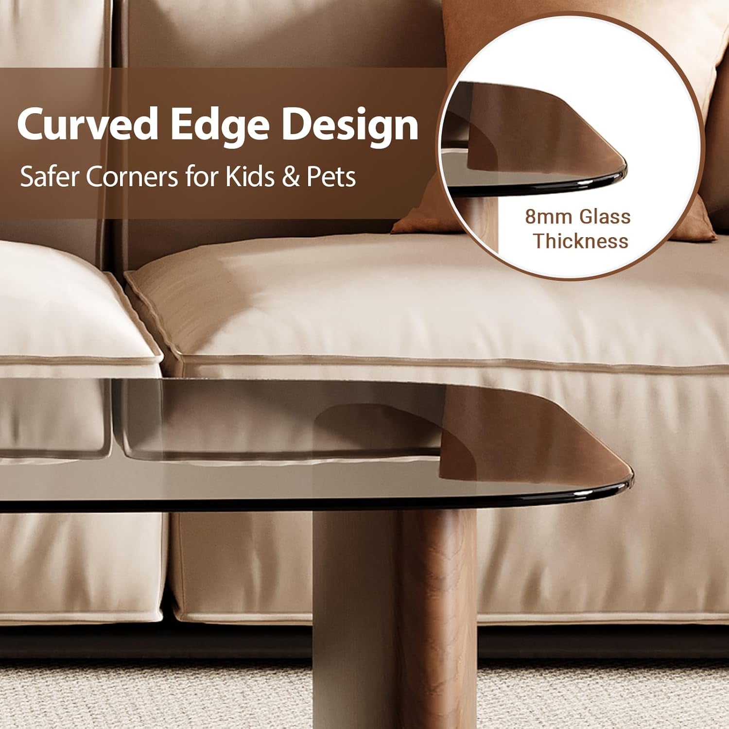 Modern Glass Coffee Table, Coffee Table for Living Room,Tempered Glass-Top with Sturdy Wooden Base, Modern Coffee Tables for Small Space, Apartment, Office, Minimalist Design (Walnut)