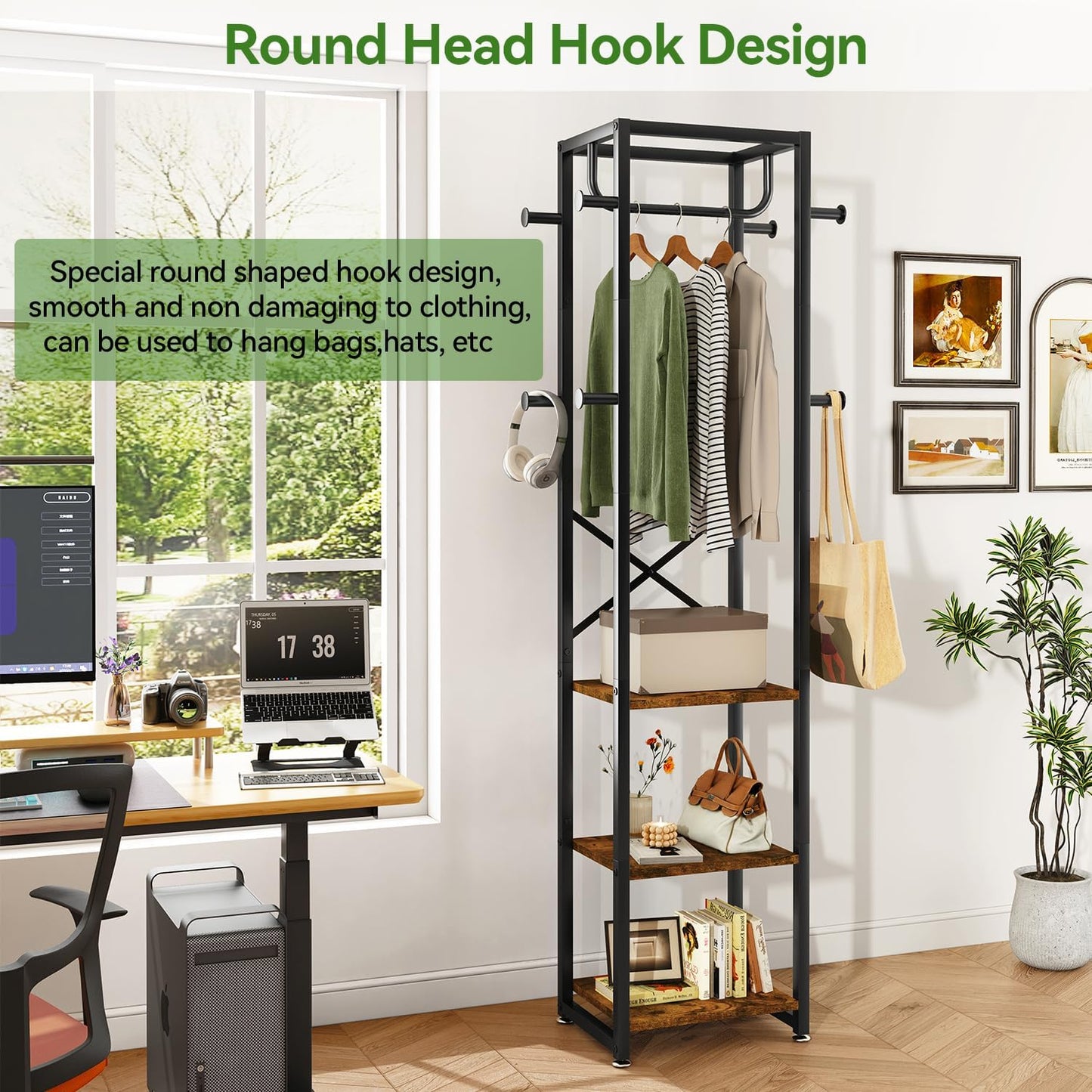 Coat Rack with Shelves, Freestanding Hall Tree with 3 Shelves and 8 Hooks, Industrial Clothes Stand for Entryway, Hallway, Bedroom, Rustic Brown UTMJ088H