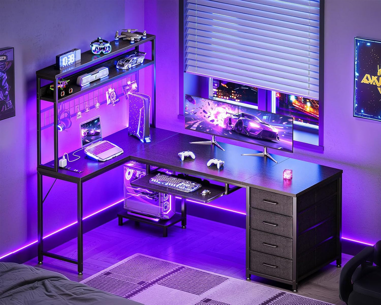 59 Inch L Shaped Desk with 4 Drawers, Gaming Desk with Led Lights & Power Outlets, Computer Desk with Pegboard & Keyboard Tray, Reverisble Home Office Desk with Storage Shelves & CPU Stand, Black