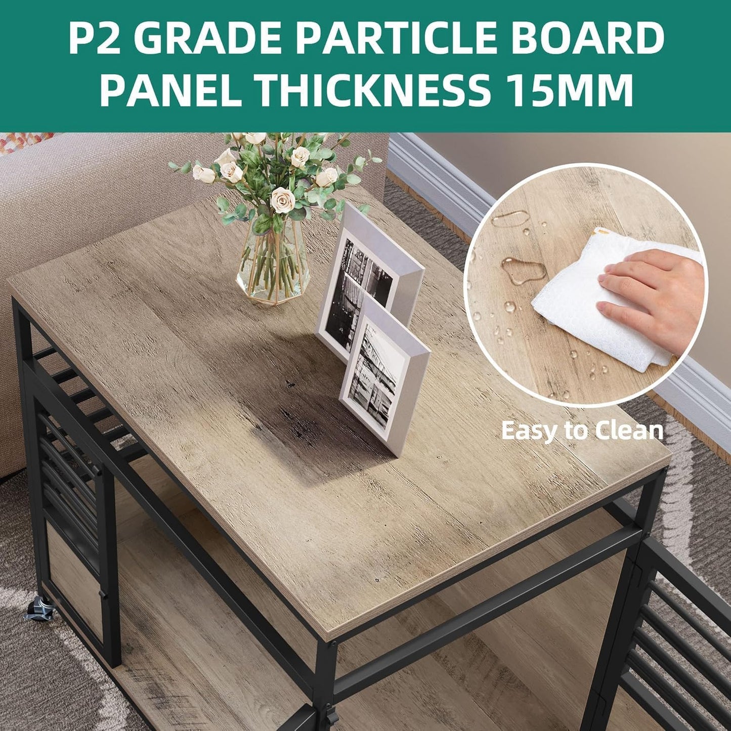 39" Dog Crate Furniture with Wheels, Heavy Duty Wood Dog Cage Table with Double-Doors Chew-Resistant Farmhouse Decorative Wooden Dog Kennel Indoor for Large and Medium Dogs, Grey