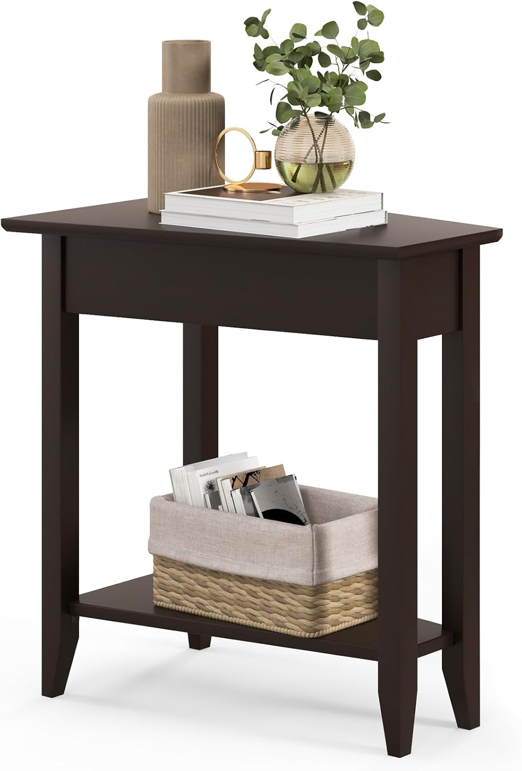 Wedge End Table, Triangle Side Table with Storage Shelf and Solid Wood Legs, Recliner Table, 24.5" Tall Nightstand, Modern Narrow Accent Table for Small Space Living Room, Espresso