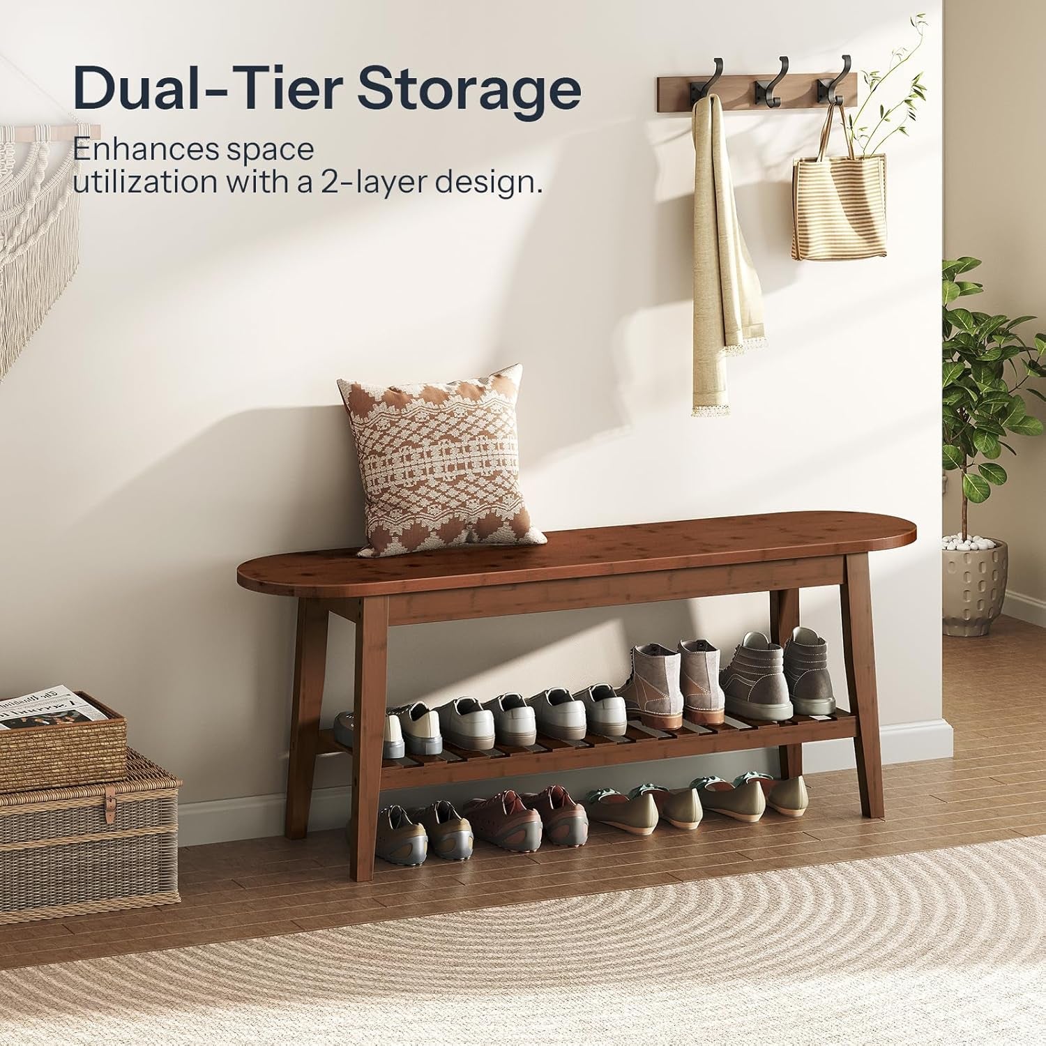 Dining Bench, 2-Tier Bamboo Farmhouse Entryway Bench, Indoor Storage Wooden Bench for Living Room, Dining Room, Hallway, Bedroom, Entryway, Bathroom, Brown BR06CD01