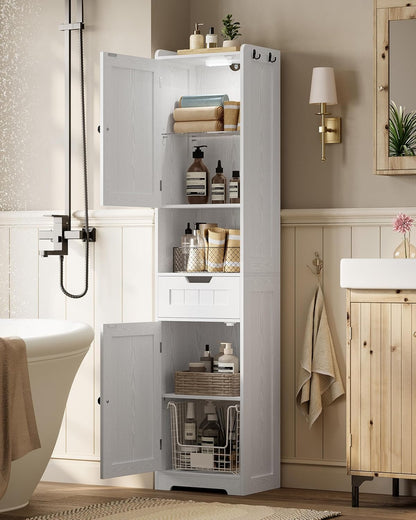 68" Tall Bathroom Storage Cabinet with Lights, Narrow Bathroom Storage Cabinet with Adjustable Shelves & 2 Hooks, Slim Freestanding Cabinet for Small Space, Kitchen, Living Room, White