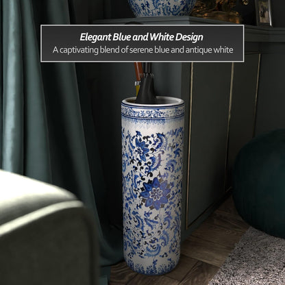24" Floral Blue & White Porcelain Umbrella Stand
