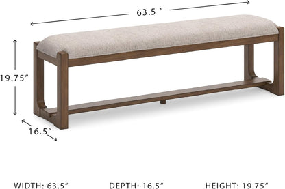 Signature Design by Ashley Cabalynn Farmhouse Upholstered Dining Bench, Foam Cushion, Hardwood Solids, 63.5" W X 16.5" D X 19.75" H, Beige & Light Brown