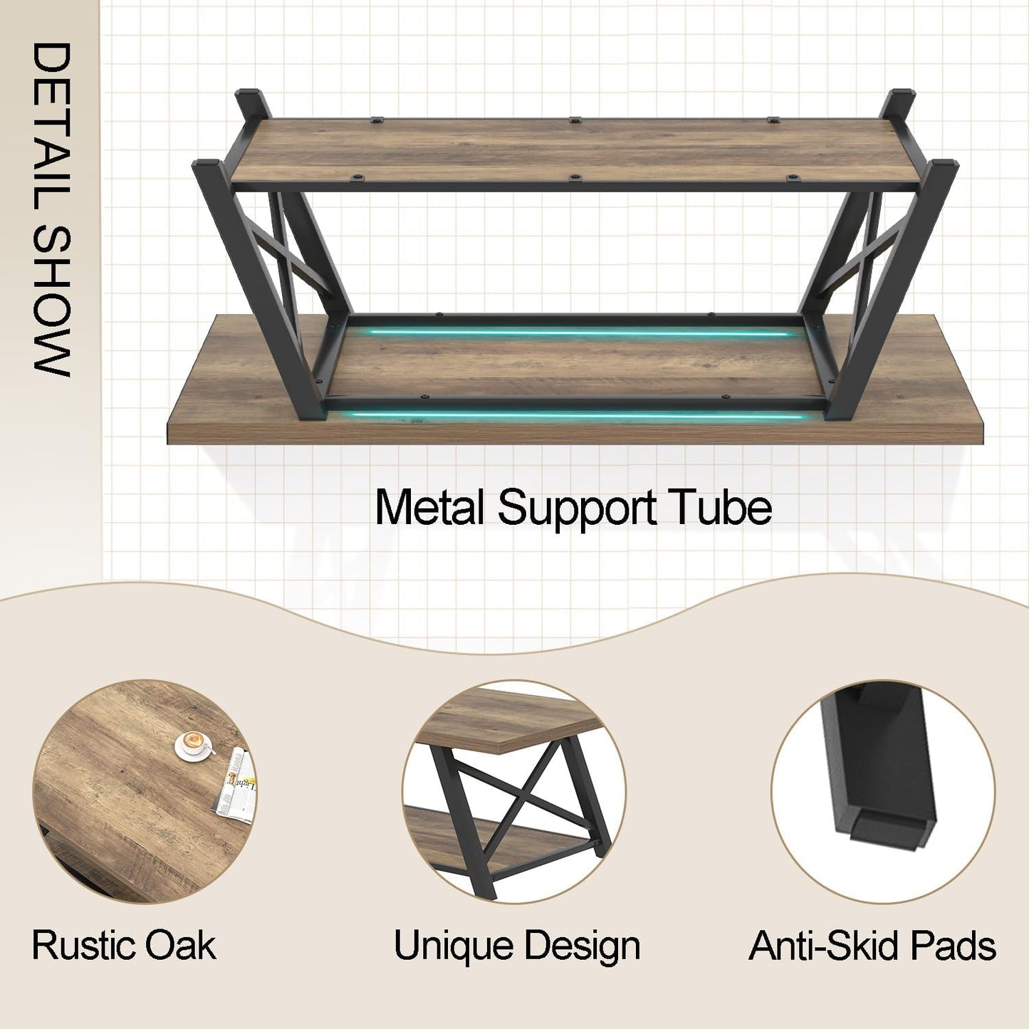 Modern Coffee Table, Rectangle Center Table for Living Room with Storage Shelf, Industrial Wood and Metal Cocktail Tea Table, Rustic Oak, 47 Inch