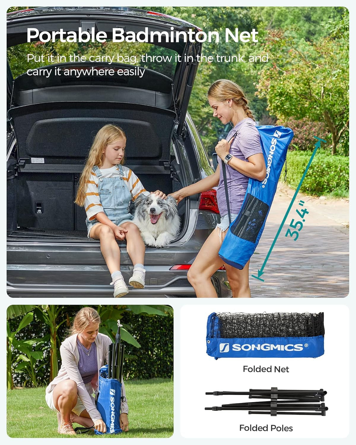 Badminton Net, Height Adjustable Volleyball Net, Pickleball Net for Junior Tennis, Kids, Indoor Outdoor Court, Foldable Nylon Net with Poles 10Ft/13Ft/16.5Ft Wide