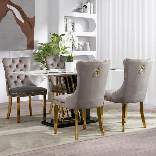 Velvet Dining Chair Set of 4, Upholstered Tufted Dining Room Chair with Nailhead Trim and Solid Gold Plated Leg for Kitchen (Grey)