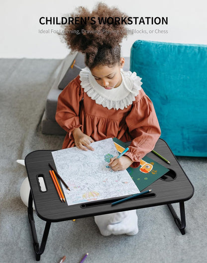 Laptop Bed Desk, Foldable Lap Desk, Portable Lap Table, Laptop Stand with Cup Holder & Tablet Slot & Lifting Handle for Working Writing Drawing & Eating - Black