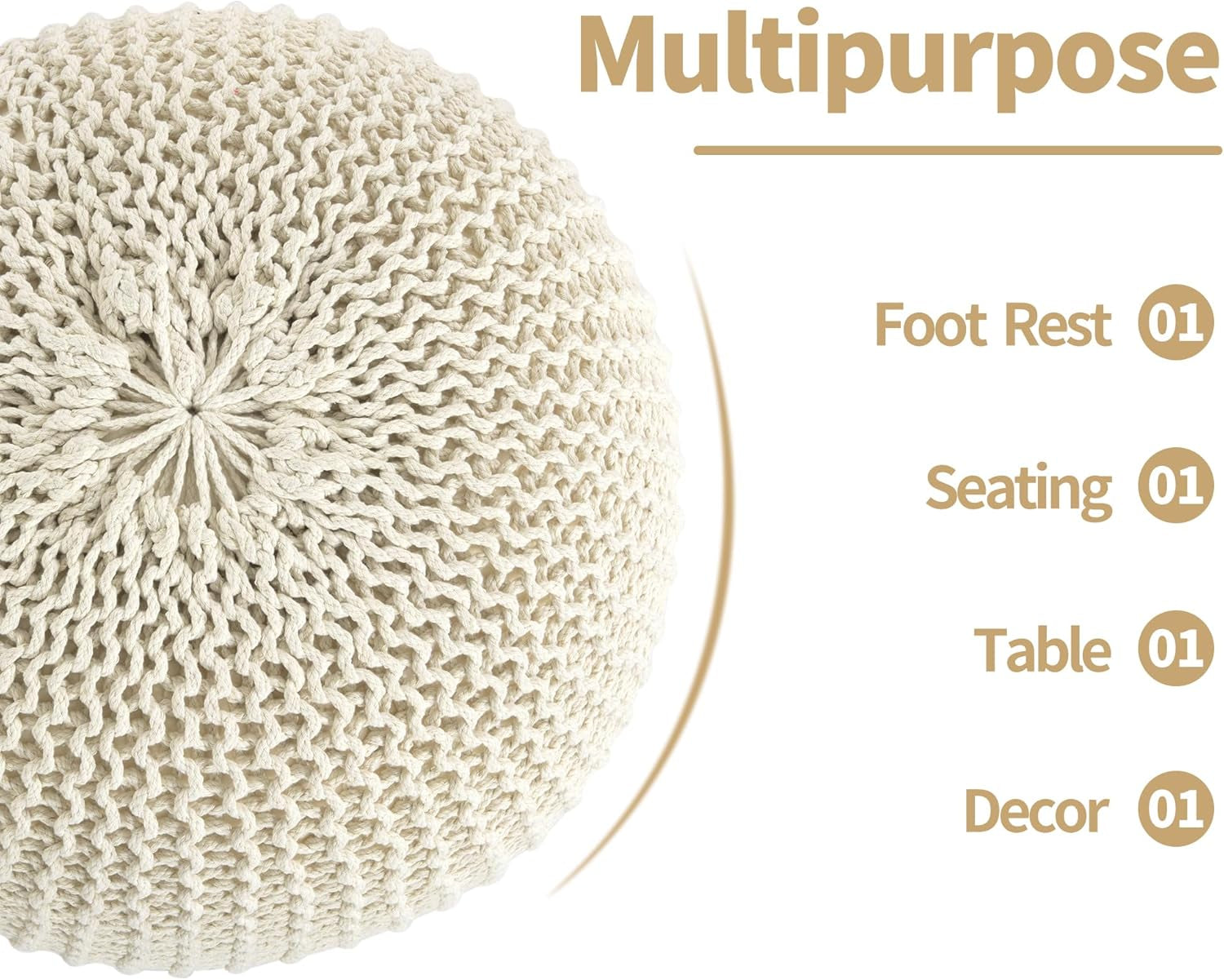 Unstuffed Ottoman Pouf Cover, 100% Cotton Handmade Knitted Ottoman Pouf Cover round Foot Stool, Floor Bean Bag Chair, Foot Rest with Storage for Living Room Bedroom, Beige(Cover ONLY NO Filler)