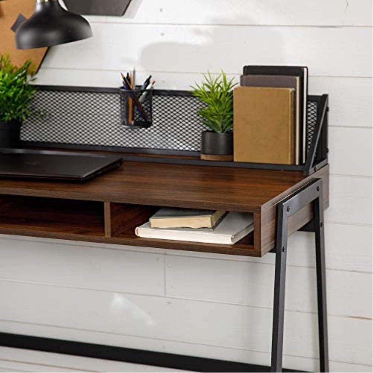 Industrial Mesh Wood Laptop Computer Writing Desk Home Office Workstation Small, 42 Inch, Dark Walnut