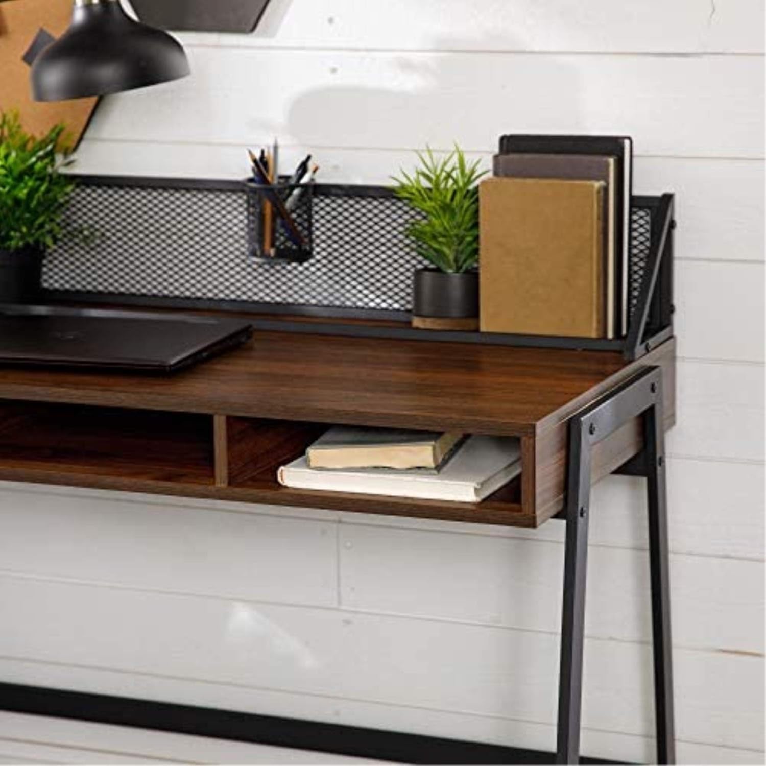 Industrial Mesh Wood Laptop Computer Writing Desk Home Office Workstation Small, 42 Inch, Dark Walnut