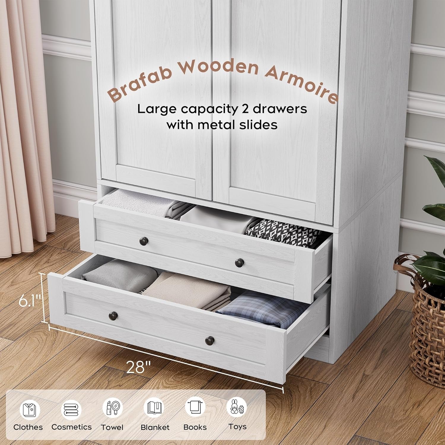 Armoire Wardrobe Closet with 2 Modern Doors, 71" Tall Freestanding Closet Wardrobe Cabinet with Drawers and Hanging Rail, Light Wooden Storage Cabinet with Shelve for Bedroom (White, 2 Doors)