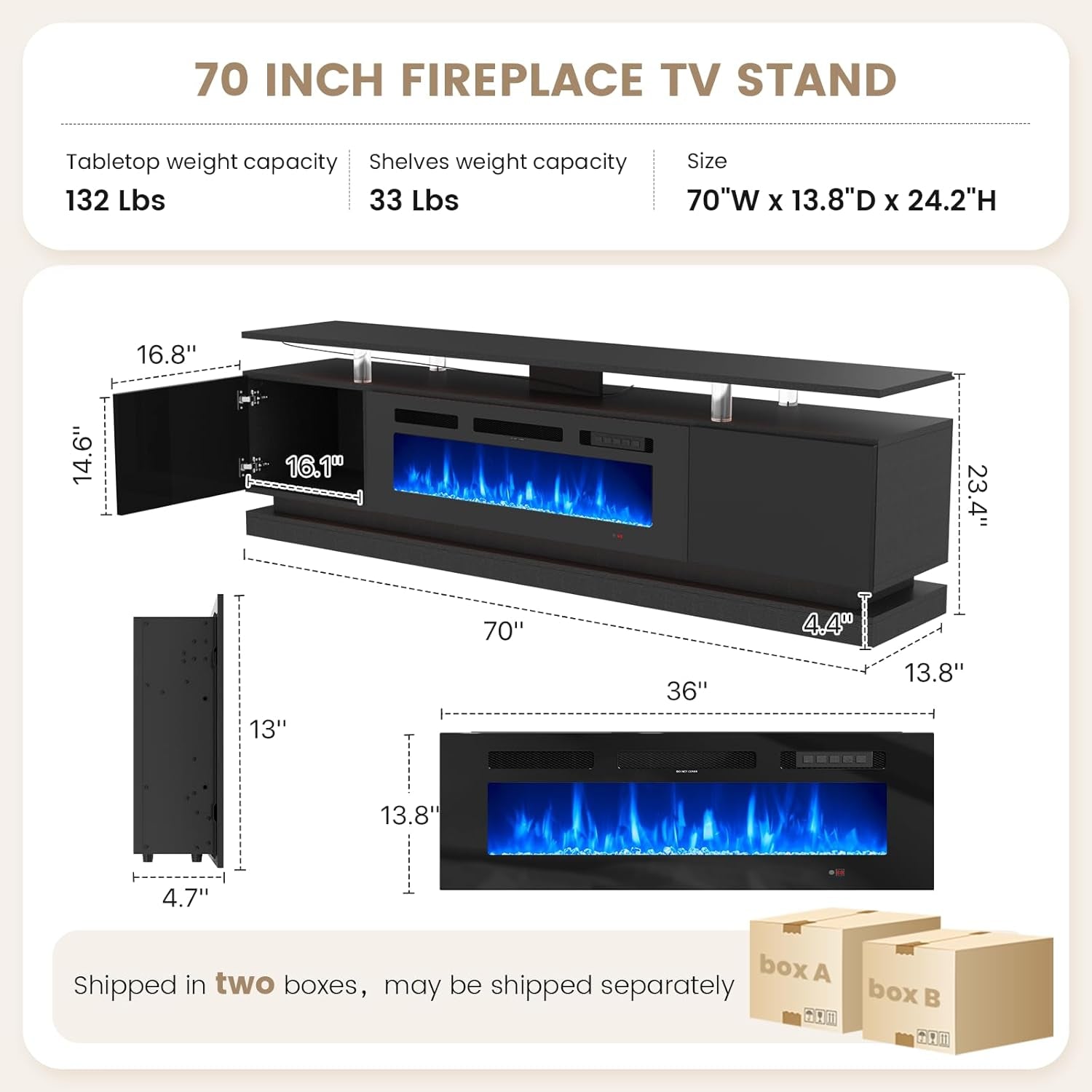 70" Fireplace TV Stand, Modern Entertainment Center for Tvs up to 80”, TV Console with Storage Cabinets, Media Console for Living Room, Black TV Stand and Black Fireplace