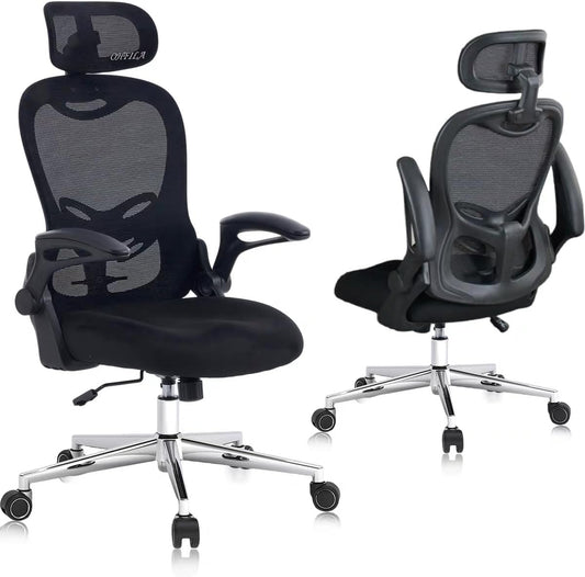 Office Chair, Ergonomic Breathable Mesh,Flip-Up Arms and Adjustable High Back Lumbar Support,Comfy Computer Chair for Home Office (Black, 407)