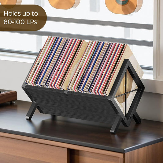 Vinyl Record Holder, Record Storage Rack Holds 80-100 Lp，Wooden and Metal Record Organizer, Quick Assembly Magazine Holder Vinyl Record Display Stand for Cds, Magazine, Albums, Black CJ06BB