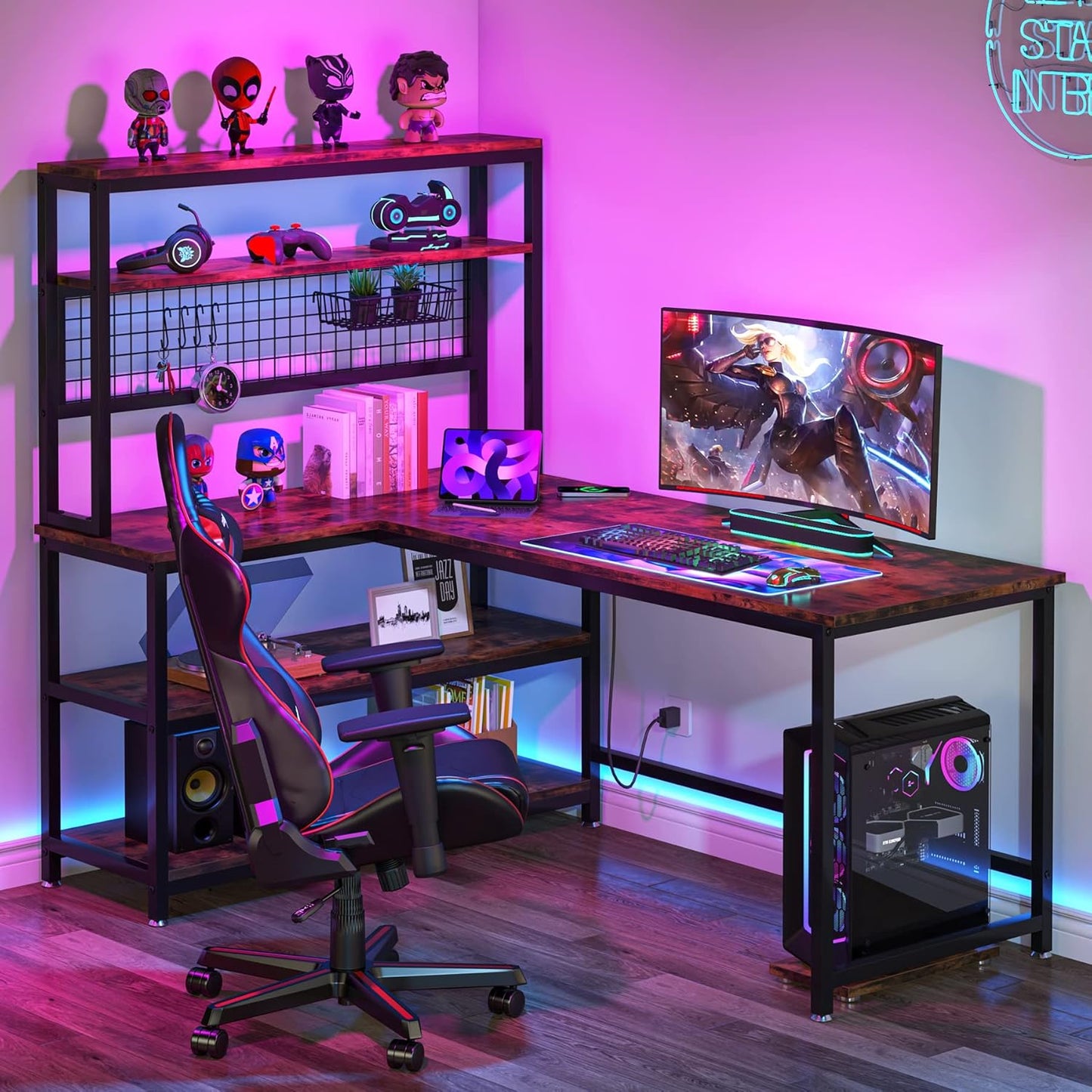 55" L-Shape Computer Desk with Hutch and Wireless Charging, Office Desk Study Table Writing Desk Workstation with 5 Shelves and Movable CPU Stand for Home Office (Brown)