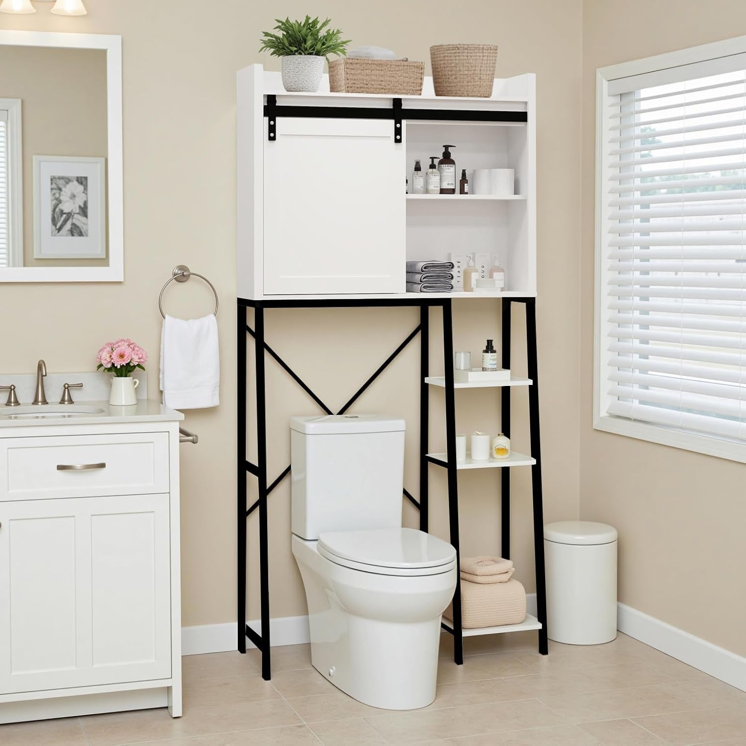 Over the Toilet Storage Cabinet, over Toilet Bathroom Organizer, above Toilet Storage Cabinet with Barn Doors behind Toilet Bathroom Organizer Toilet Paper Holder Stand Laundry Cabinet
