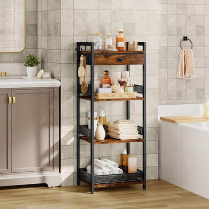 4 Tier Ladder Shelf Stand, Bookshelf with Drawer Storage, Decorative Display Shelves Wood & Metal, Plant Shelf, Standing Shelf Unit for Living Room Bedroom Office Kitchen, Rustic Brown