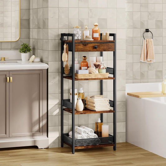 4 Tier Ladder Shelf Stand, Bookshelf with Drawer Storage, Decorative Display Shelves Wood & Metal, Plant Shelf, Standing Shelf Unit for Living Room Bedroom Office Kitchen, Rustic Brown
