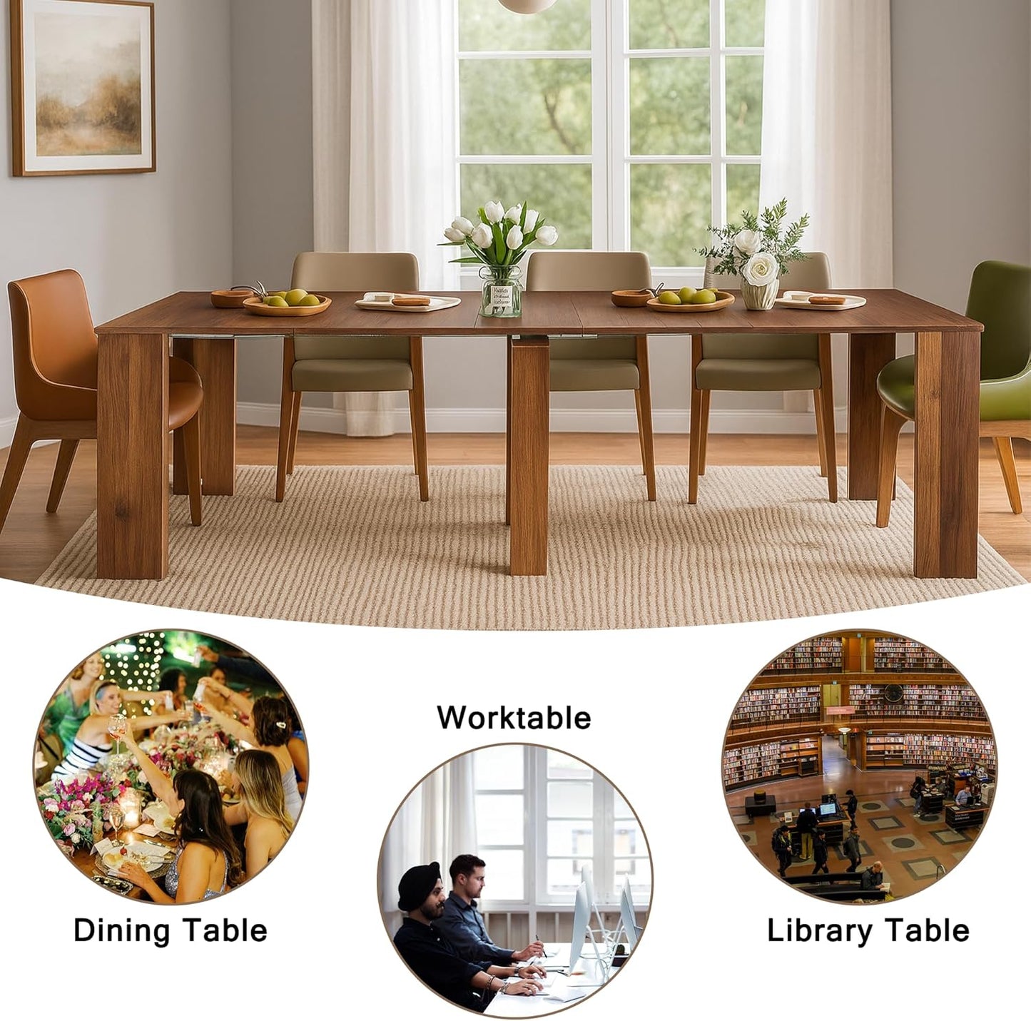 Extendable Dining Table, Transformer Folding Console Table for 10-12 People, Space Saving Dining Room Table for Apartments & Homes, Walnut