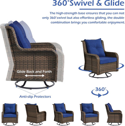 Patio Furniture Sets, 3 Pieces Wicker Outdoor Furniture - 360 Degree Swivel Rocking Chairs and Rattan Side Table for Garden,Porch,Backyard (Brown Wicker/Blue Cushion, 3PCS - Swivel Chairs)
