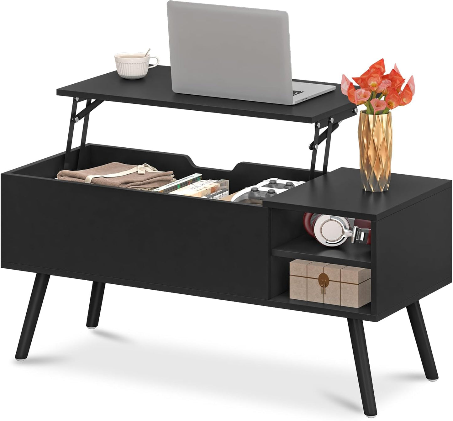 Black Lift Top Coffee Table with Hidden Storage Compartment, Solid Wood Legs & Open Shelves - 40" Pop up Coffee Tables for Living Room