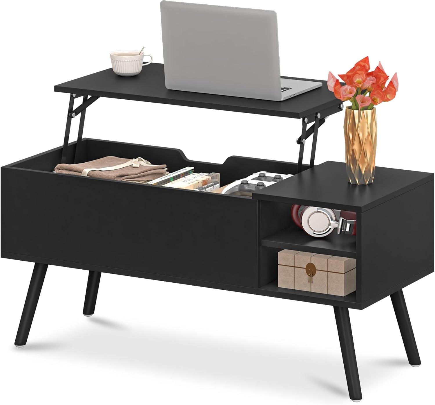 Black Lift Top Coffee Table with Hidden Storage Compartment, Solid Wood Legs & Open Shelves - 40" Pop up Coffee Tables for Living Room