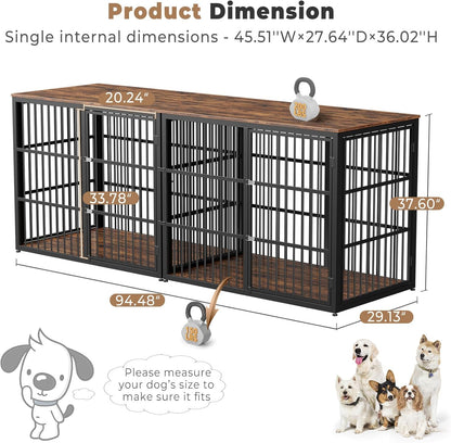 94.48'' Dog Crate Furniture Large Breed TV Stand with Double Rooms,Wooden Dog Kennel Dog Crate End Table with Removable Divider for Large Medium Dogs, Can Use Separately