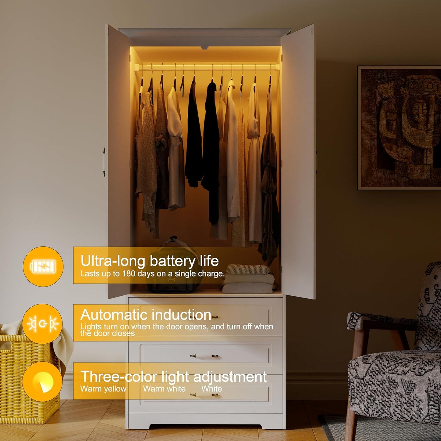 Armoire Wardrobe Closet with 3 Drawers and LED Light 72" Wooden Bedroom Armoire with 2 Doors and Retro Ceramic Door Handles Modern Wardrobe Cabinet with Removable Hanging Rod White