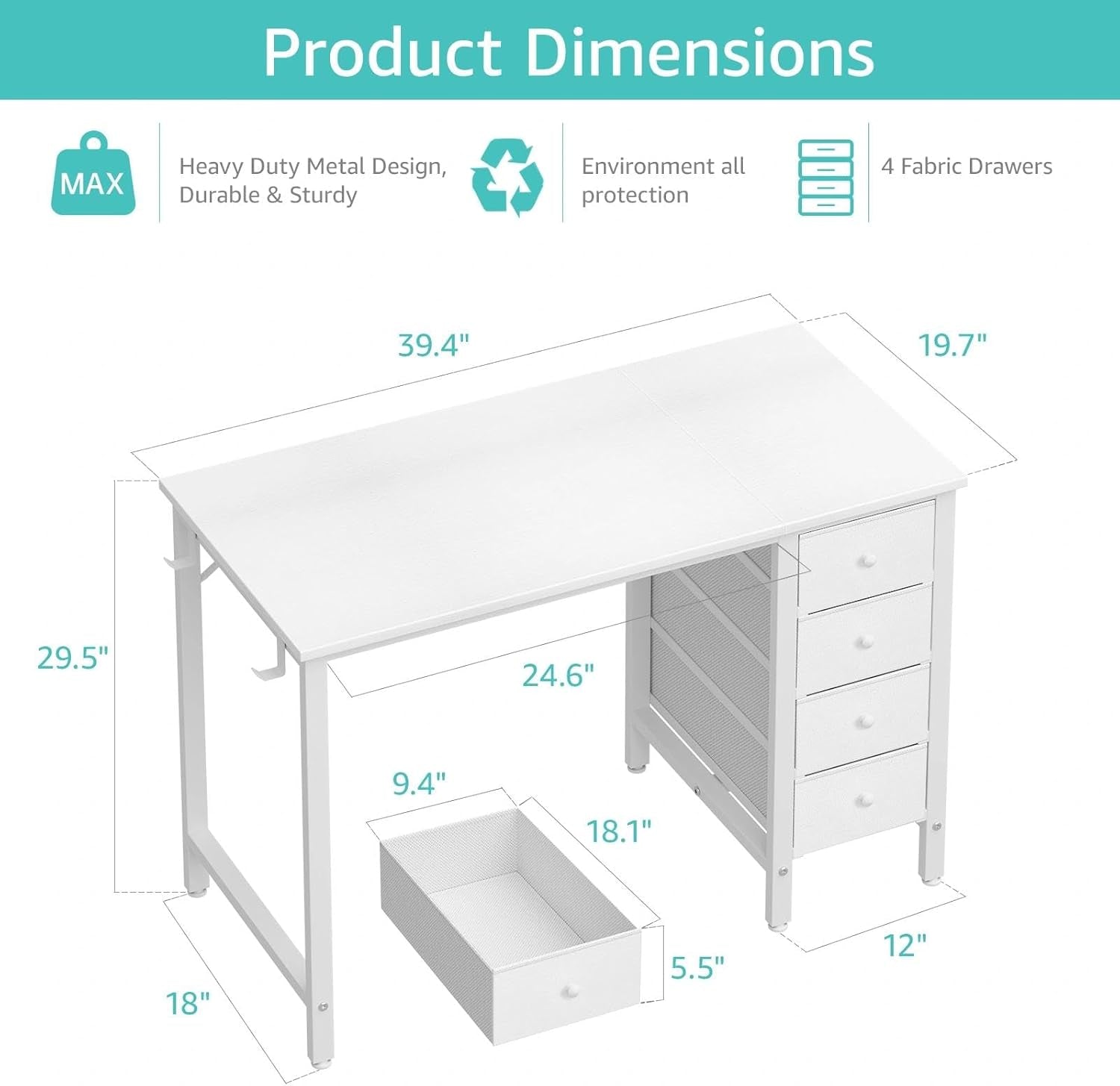 Small White Desk with Drawers for Bedroom, 40 Inch Kids Girls Study Desks, Reversible Computer Writing Nail Table with Fabric Drawer for Small Spaces Home Office Manicure