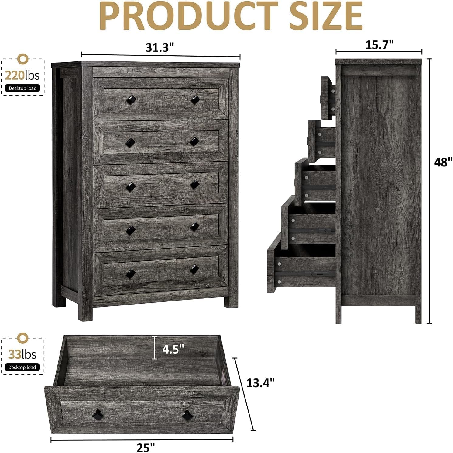 2-Piece Bedroom Set, Farmhouse Full Size Bed Frame and 5 Drawers Dresser, Wooden Storage Bed with Charging Station & 4 Drawers, Tall Dressers Organizer with Metal Handles for Bedroom, Grey
