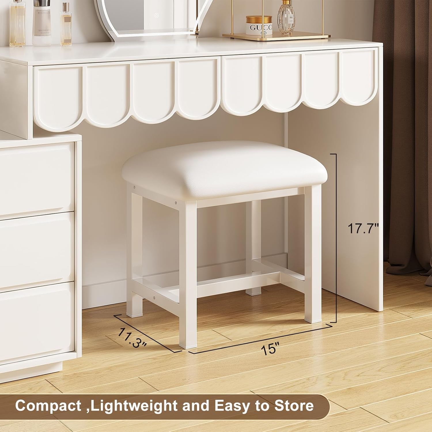White Vanity Stool, Small Vanity Chair, Cute Makeup Bench Seat with Leather Cushioned, Desk Stools for Bedroom, Bathroom, Entryway, Living Room, Office