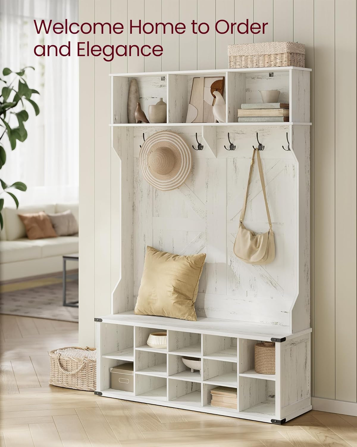 Hall Tree with Bench and Shoe Storage, Coat Rack with Shoe Bench, Entryway Furniture, 16 Open Compartments, 6 Tri-Hooks, Farmhouse Style, Space Saving, Rustic White UHSR427W02