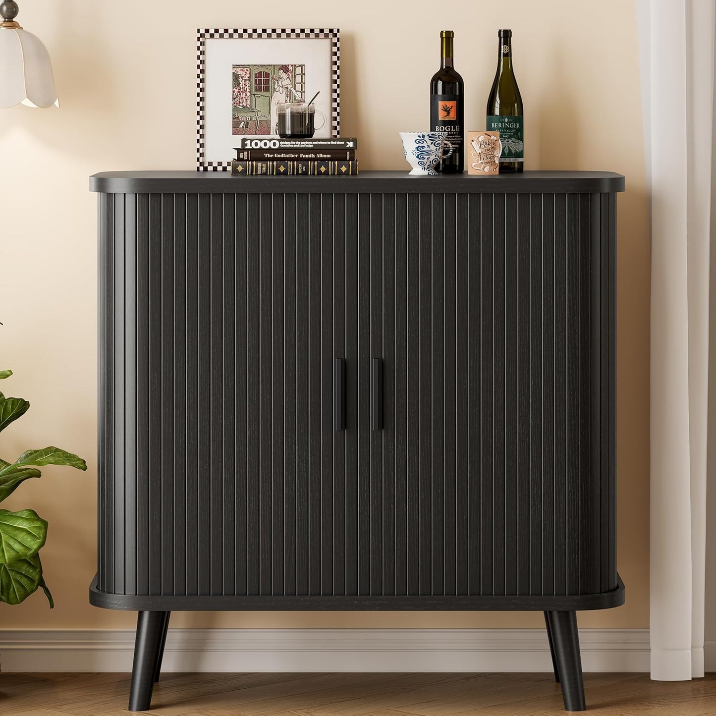 Sideboard Buffet Cabinet with Sliding Door, 31.5" Wide Fluted Modern Accent Storage Cabinet with Adjustable Shelves, Wood Coffee Bar Buffet Console Table for Kitchen, Dining Room, Living Room, Black