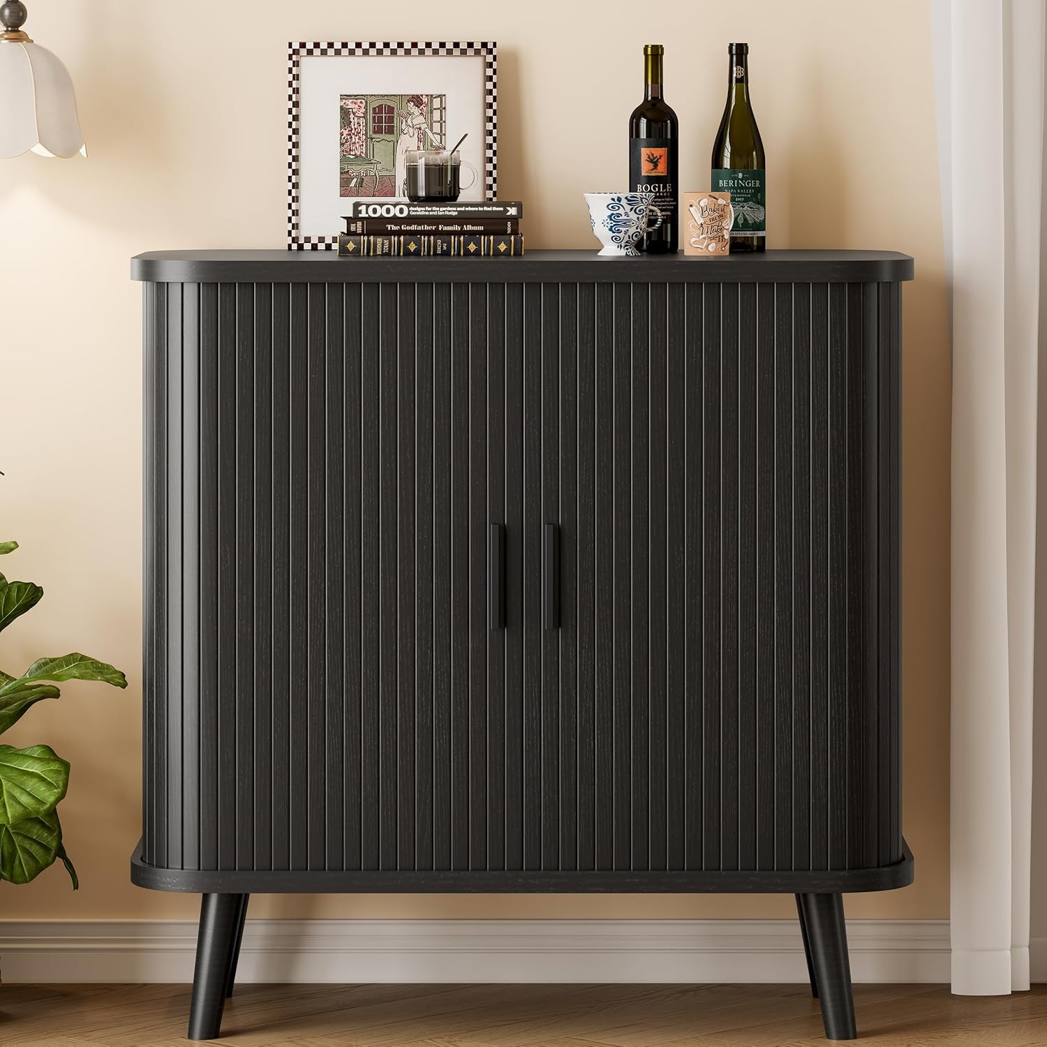 Sideboard Buffet Cabinet with Sliding Door, 31.5" Wide Fluted Modern Accent Storage Cabinet with Adjustable Shelves, Wood Coffee Bar Buffet Console Table for Kitchen, Dining Room, Living Room, Black