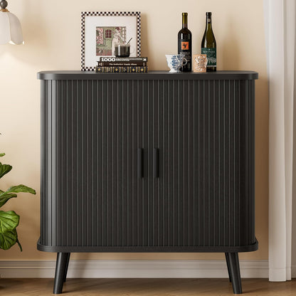 Sideboard Buffet Cabinet with Sliding Door, 31.5" Wide Fluted Modern Accent Storage Cabinet with Adjustable Shelves, Wood Coffee Bar Buffet Console Table for Kitchen, Dining Room, Living Room, Black