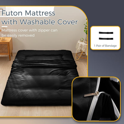 6" Thick Japanese Floor Mattress Futon Mattress, Foldable Tatami Pad for Adults, Roll up Floor Bed for Guest Room Bedroom RV, Black, Queen