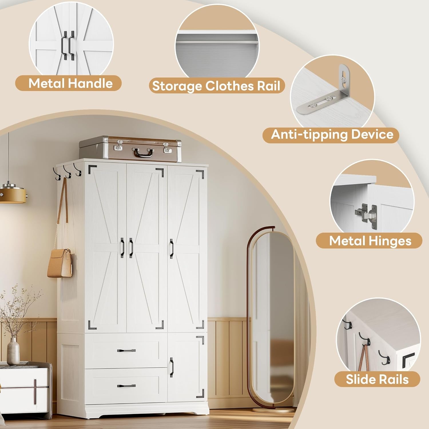 Armoire Wardrobe Closet 71" H, Bedroom Wooden Wardrobe with 4 Doors and 2 Drawers, Farmhouse Clothing Storage Cabinet Combination with Hanging Rod, Shelves, and Hooks, White