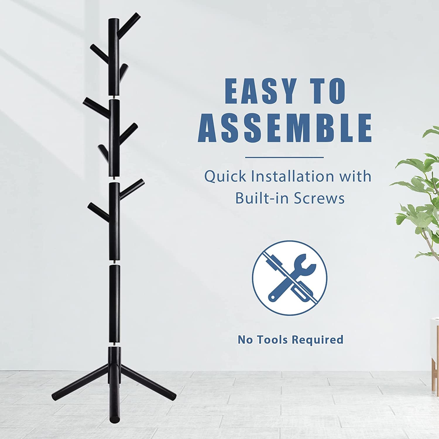 Wooden Coat Rack Stand with 8 Hooks New Zealand Pine 3 Adjustable Coat Standing Tree Easy Assembly for Coats, Hats, Scarves and Handbags for Entryway, Hallway, Bedroom, Office