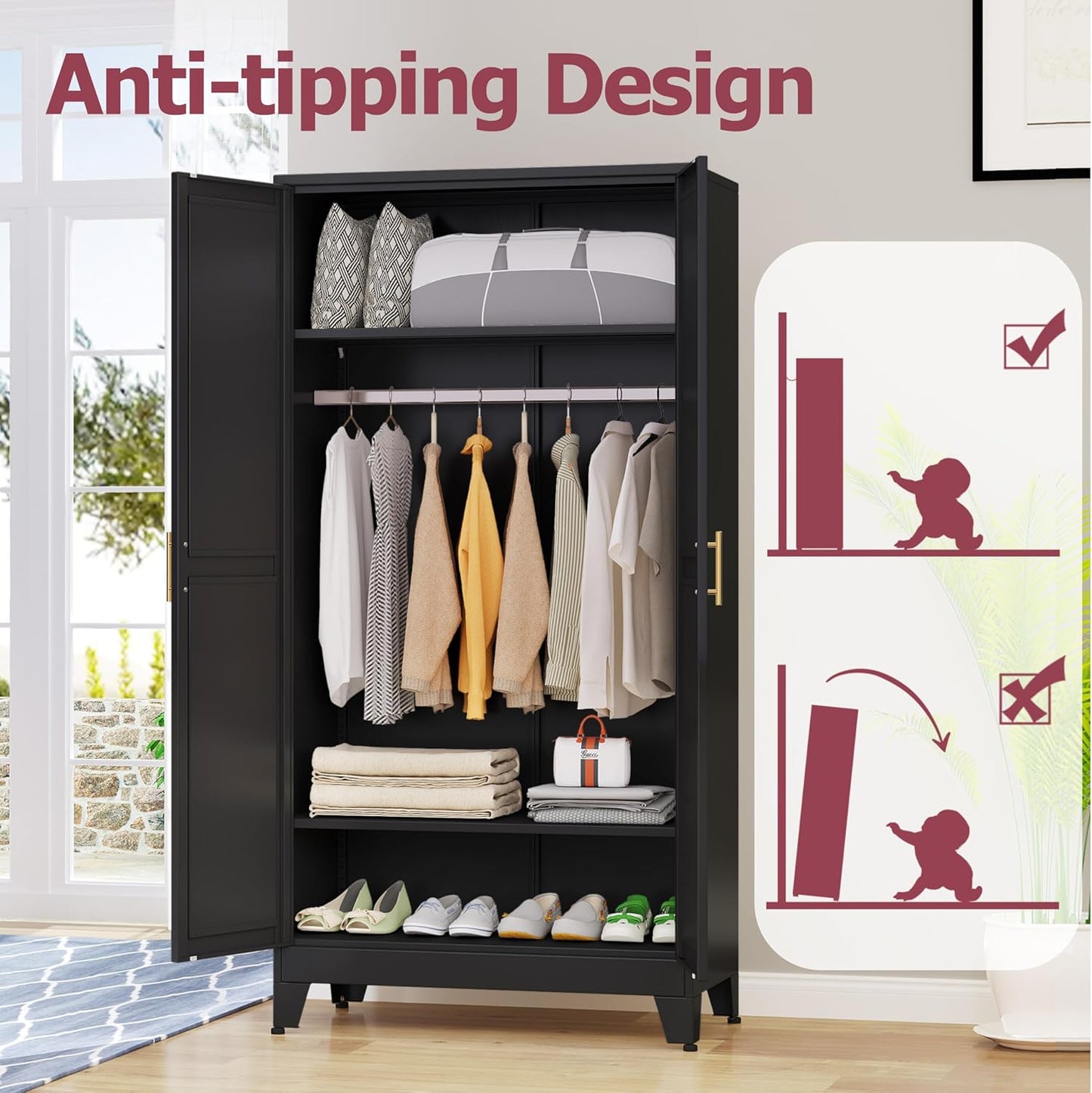 Metal Wardrobe Cabinet with Hanging Rod, 71" Metal Clothing Storage Cabinets with 2 Doors and Adjustable Shelves, Black Armoire Wardrobe Closet for Bedroom, Laundry Room, Cloak Room