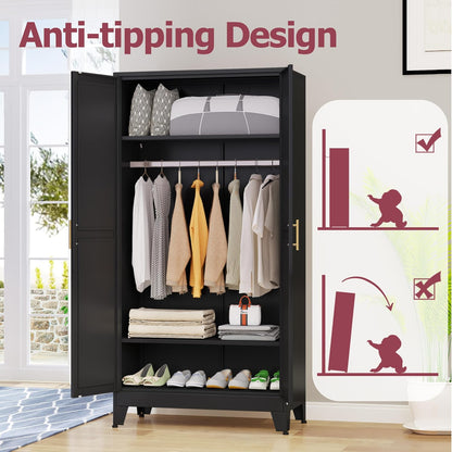 Metal Wardrobe Cabinet with Hanging Rod, 71" Metal Clothing Storage Cabinets with 2 Doors and Adjustable Shelves, Black Armoire Wardrobe Closet for Bedroom, Laundry Room, Cloak Room