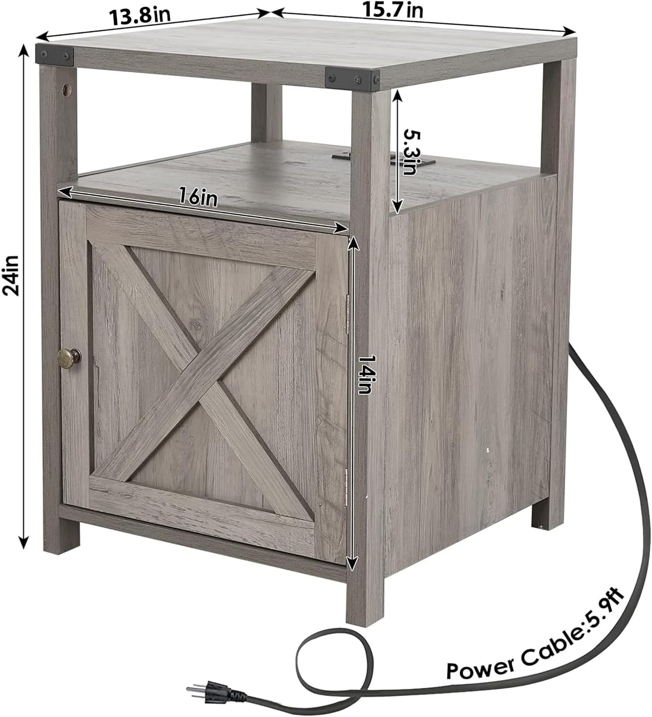 Farmhouse Nightstand with Charging Station, Rustic End Table Bedroom with Storage Living Room Side Table Grey Night Stand Industrial Bedside Bed Table with USB Ports and Outlets
