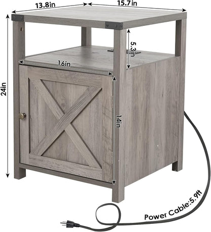 Grey farmhouse nightstand with charging station and storage, view 3