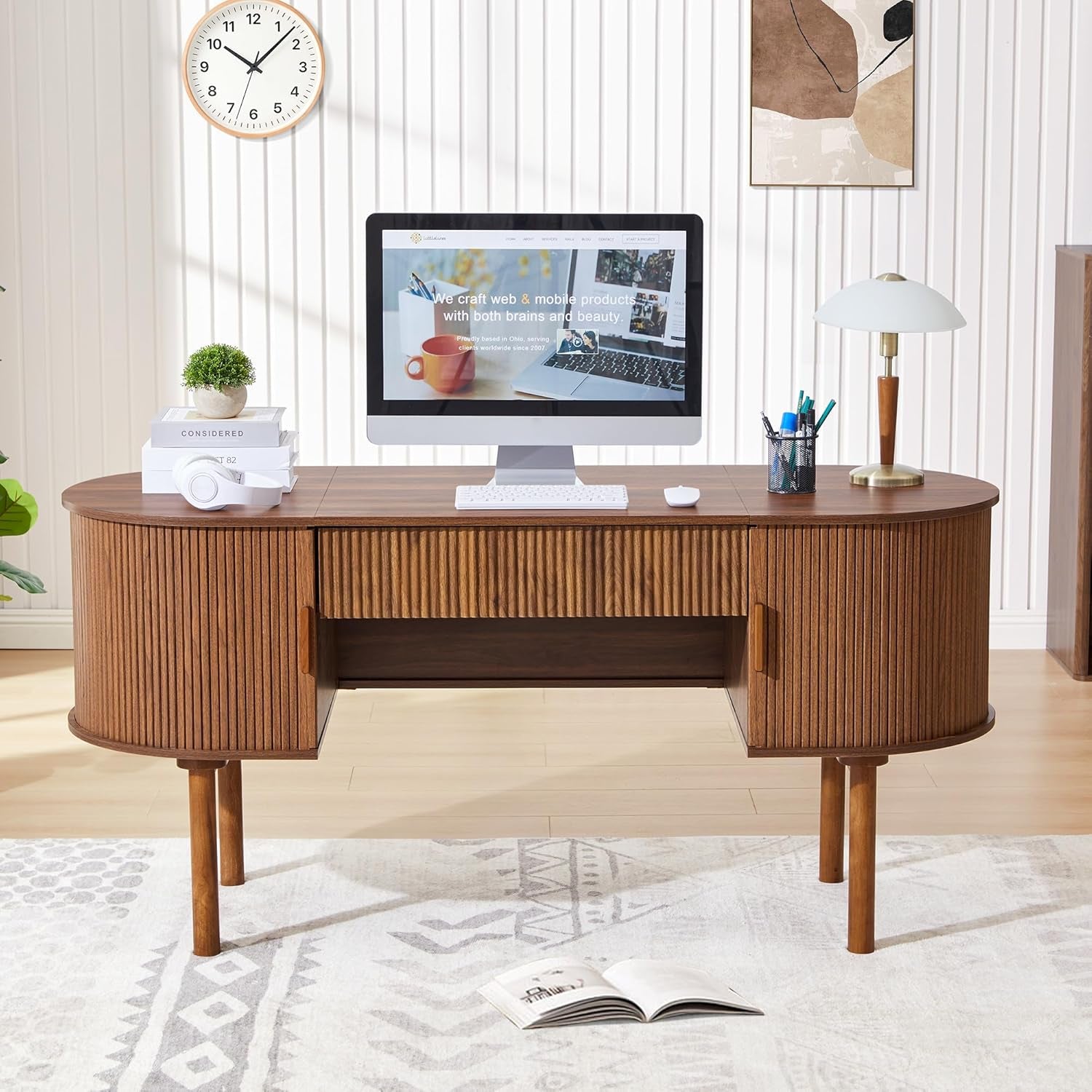 Home Office Oval Desk with Sliding Tambour Door and Drawer, Modern Fluted Wood Executive Computer Storage Desk for Study, Living Room, Bedroom, Office - Walnut