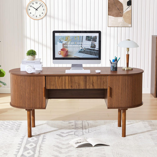 Home Office Oval Desk with Sliding Tambour Door and Drawer, Modern Fluted Wood Executive Computer Storage Desk for Study, Living Room, Bedroom, Office - Walnut